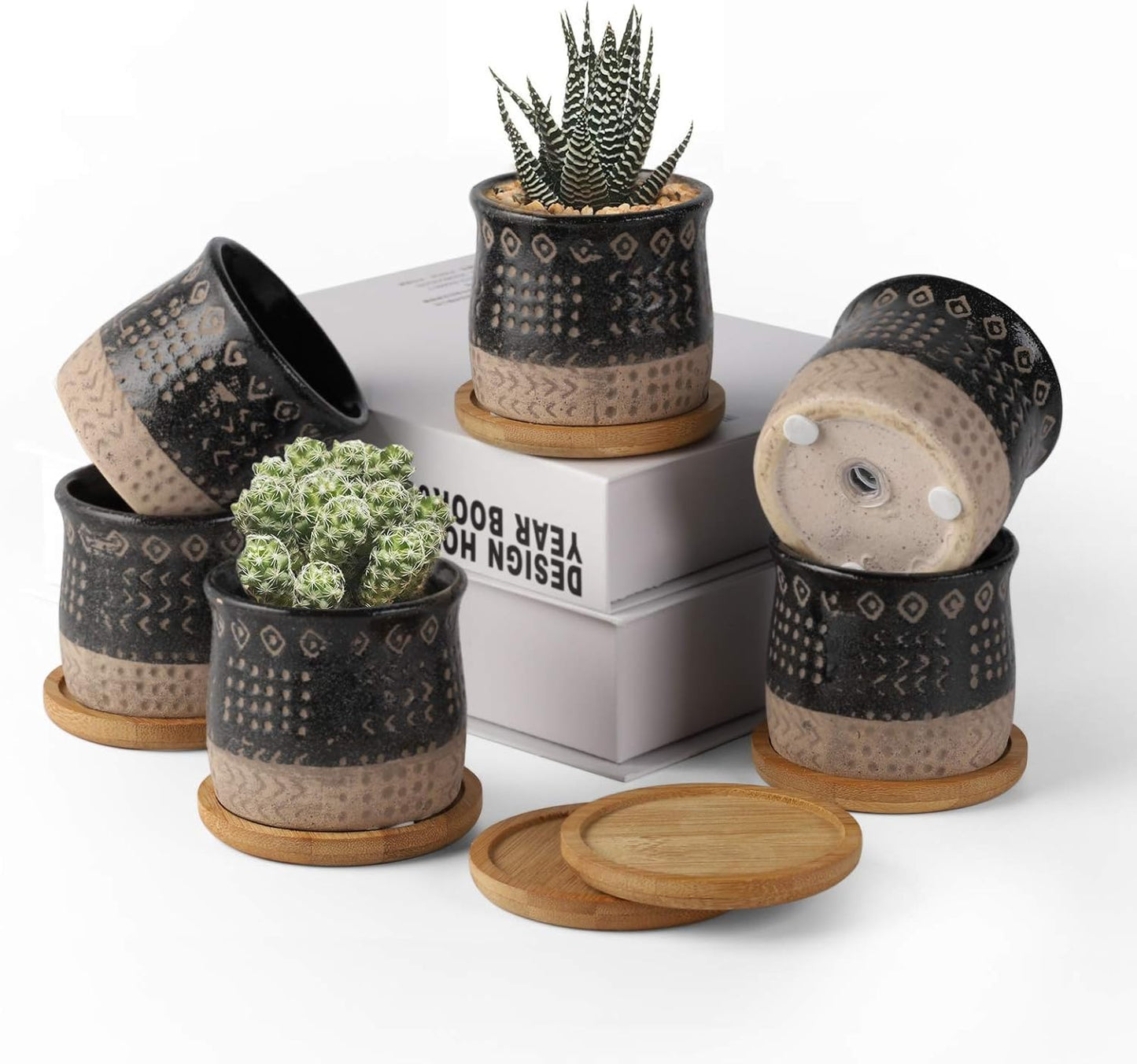 2.75 Inch Mini Ceramic Succulent Plant Pots, Black Indoor Small Planter, Retro Elements Planter Pots with Saucer & Drainage Hole, for Cactus, Small Plants, Set of 6 (Plant Not Included)