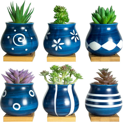 Cute Succulent Pots with Drainage Bamboo Tray - 3" Succulent Planters with Drainage Hole Ceramic Planter Tiny Pots for Indoor Small Plants, Small Pots for Succulents Cactus Container Set of 6