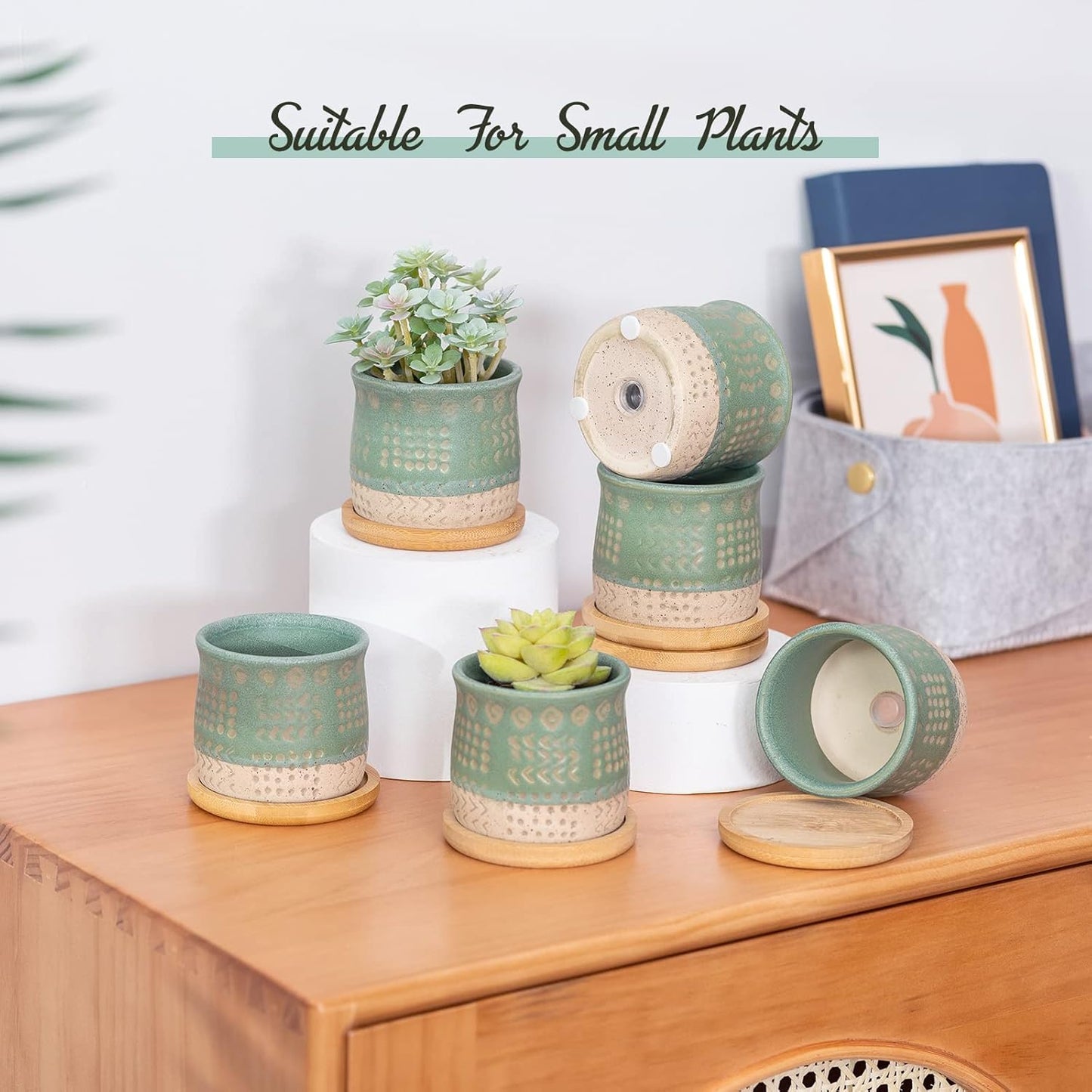 2.75 Inch Mini Ceramic Succulent Plant Pots, Retro Tiny Planter Pots with Saucer & Drainage Hole, for Cactus, Small Plants, Set of 6, Green