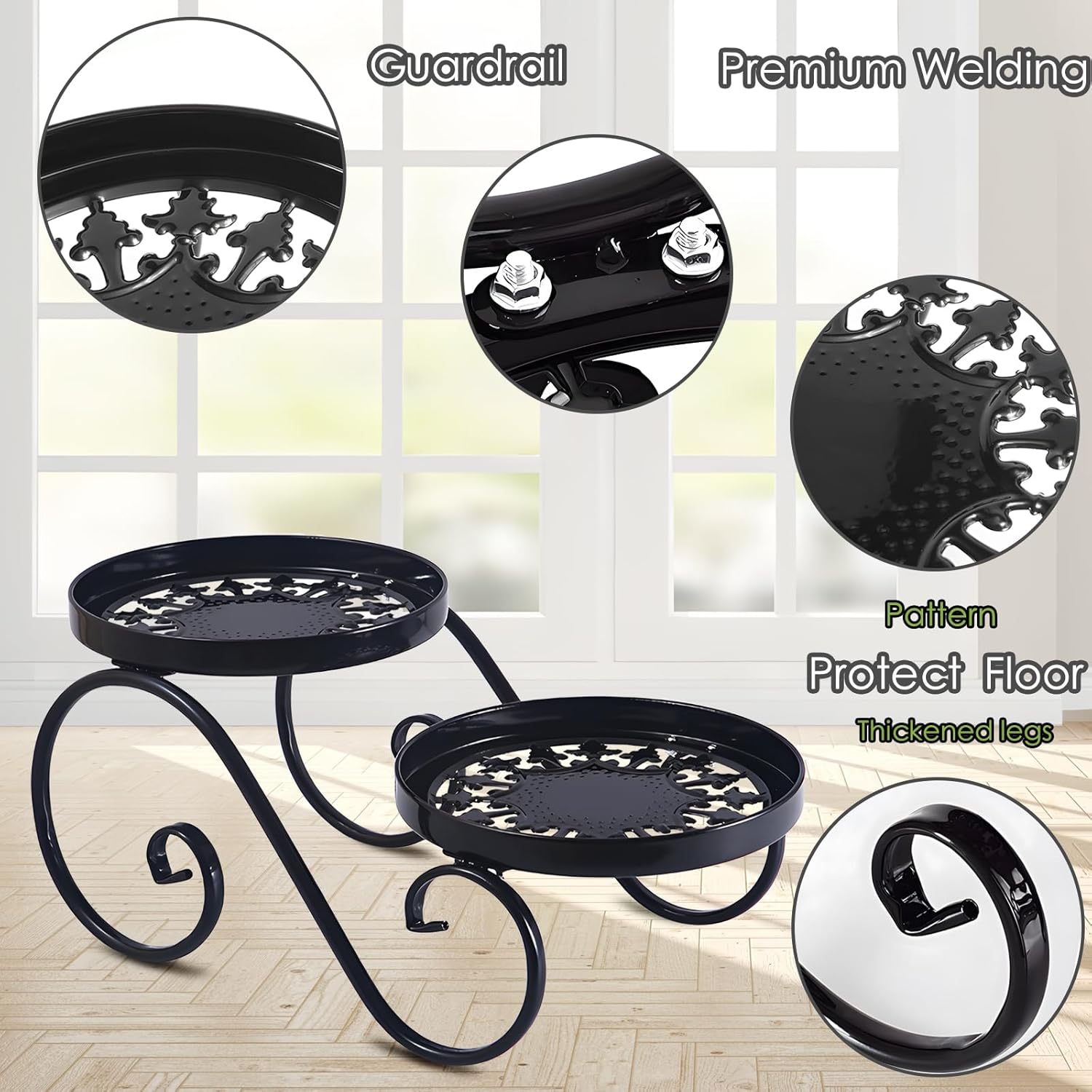 2-Tier Black Metal Plant Stand - Indoor/Outdoor Anti-Rust Iron Flower Shelf for Multiple Plants - Round Display Rack for Garden and Home Decor