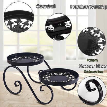 2-Tier Black Metal Plant Stand - Indoor/Outdoor Anti-Rust Iron Flower Shelf for Multiple Plants - Round Display Rack for Garden and Home Decor