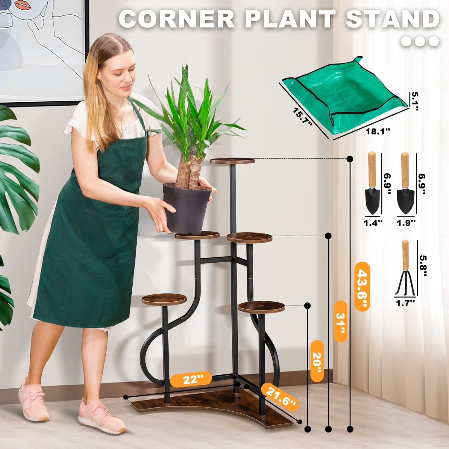 5-Tier Corner Plant Stand with L-Shaped Base, Aesthetic Metal Shelf for Indoor and Outdoor Plants, Rustic Brown MDF Holder for Patio and Balcony