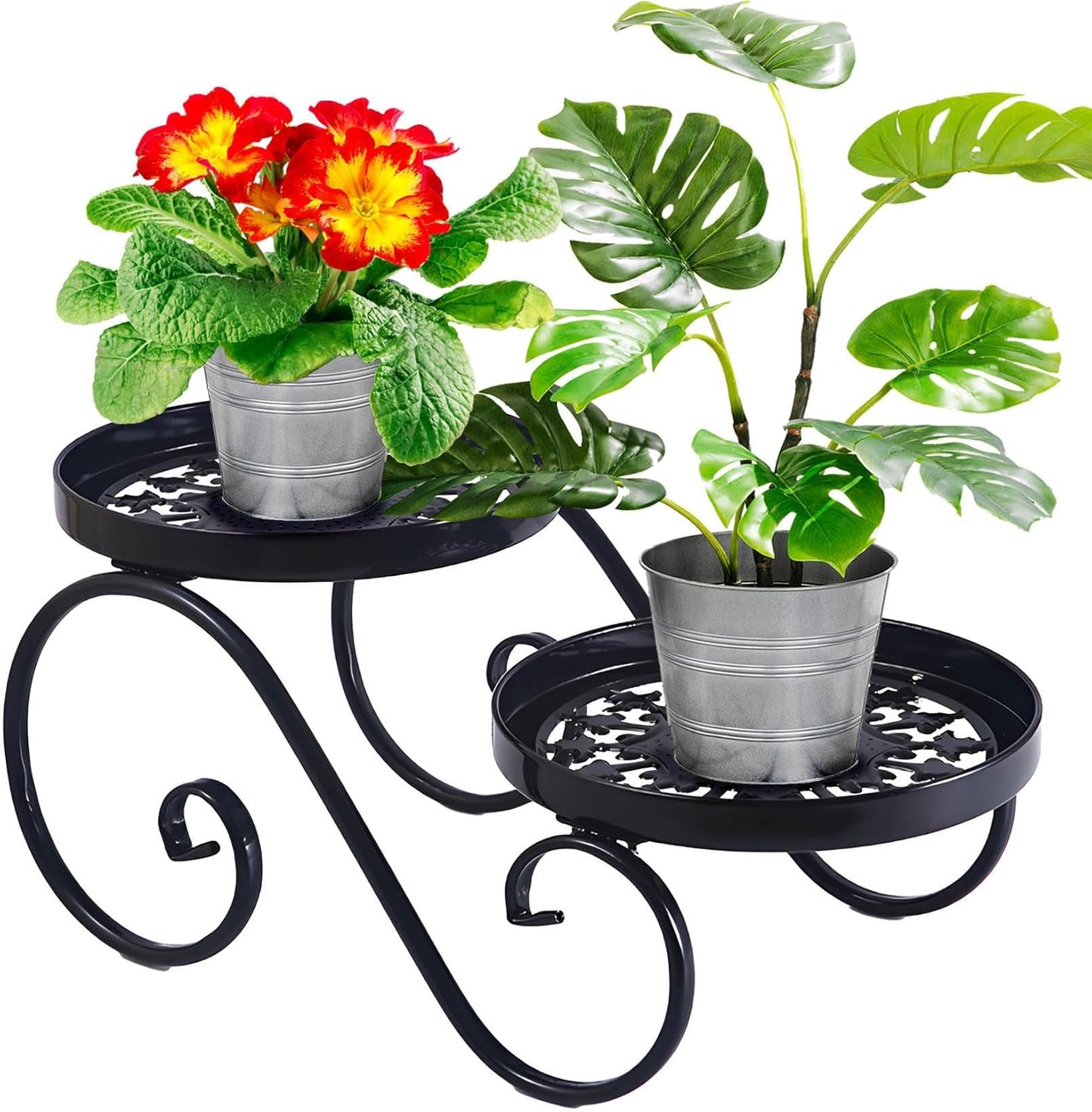 2-Tier Black Metal Plant Stand - Indoor/Outdoor Anti-Rust Iron Flower Shelf for Multiple Plants - Round Display Rack for Garden and Home Decor