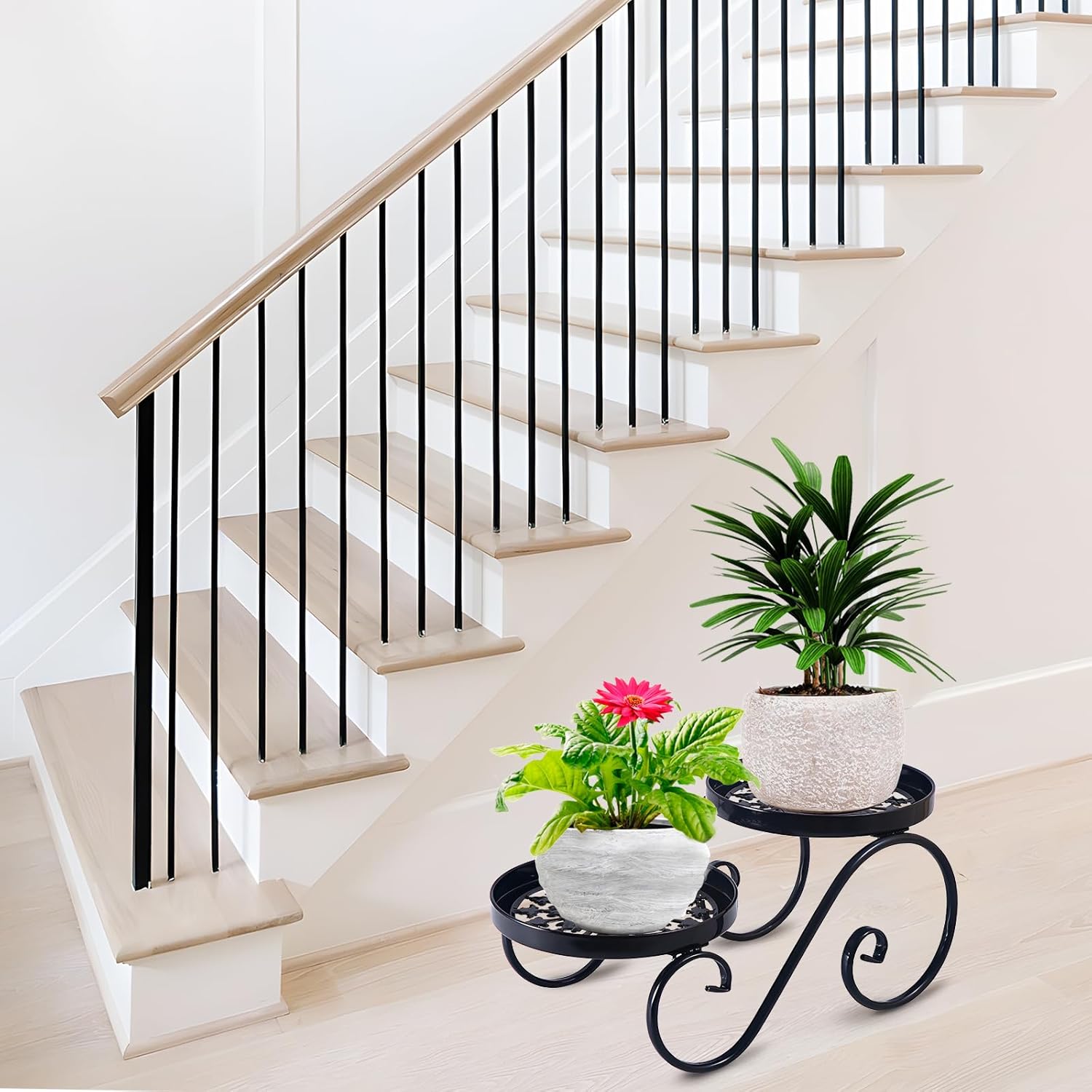 2-Tier Black Metal Plant Stand - Indoor/Outdoor Anti-Rust Iron Flower Shelf for Multiple Plants - Round Display Rack for Garden and Home Decor