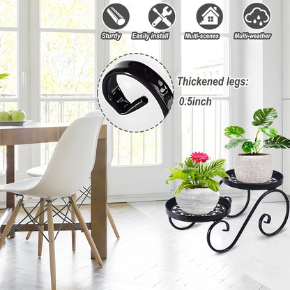 2-Tier Black Metal Plant Stand - Indoor/Outdoor Anti-Rust Iron Flower Shelf for Multiple Plants - Round Display Rack for Garden and Home Decor