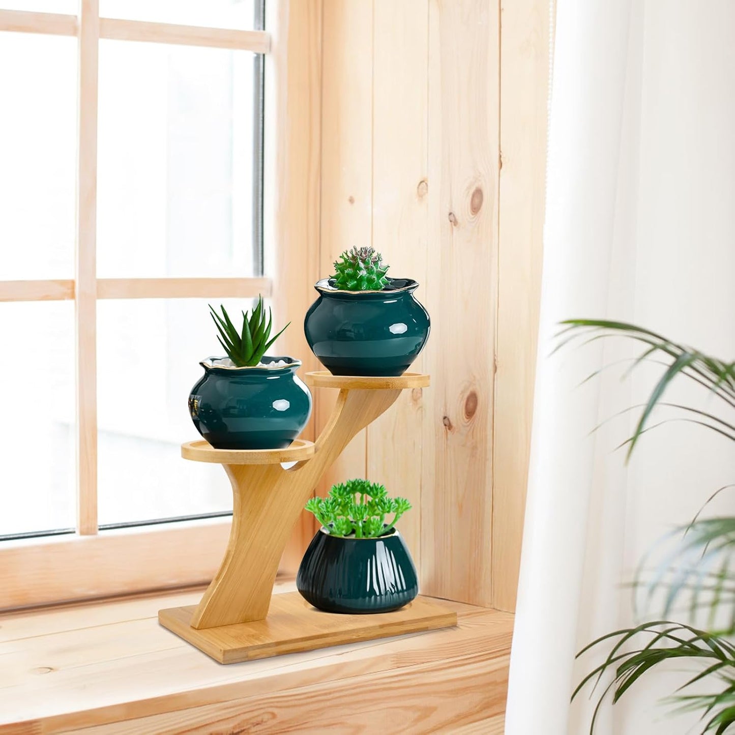 Bamboo 3-Tier Indoor Succulent Plant Stand - Compact Tabletop Holder for Home, Office, and Living Room Decor