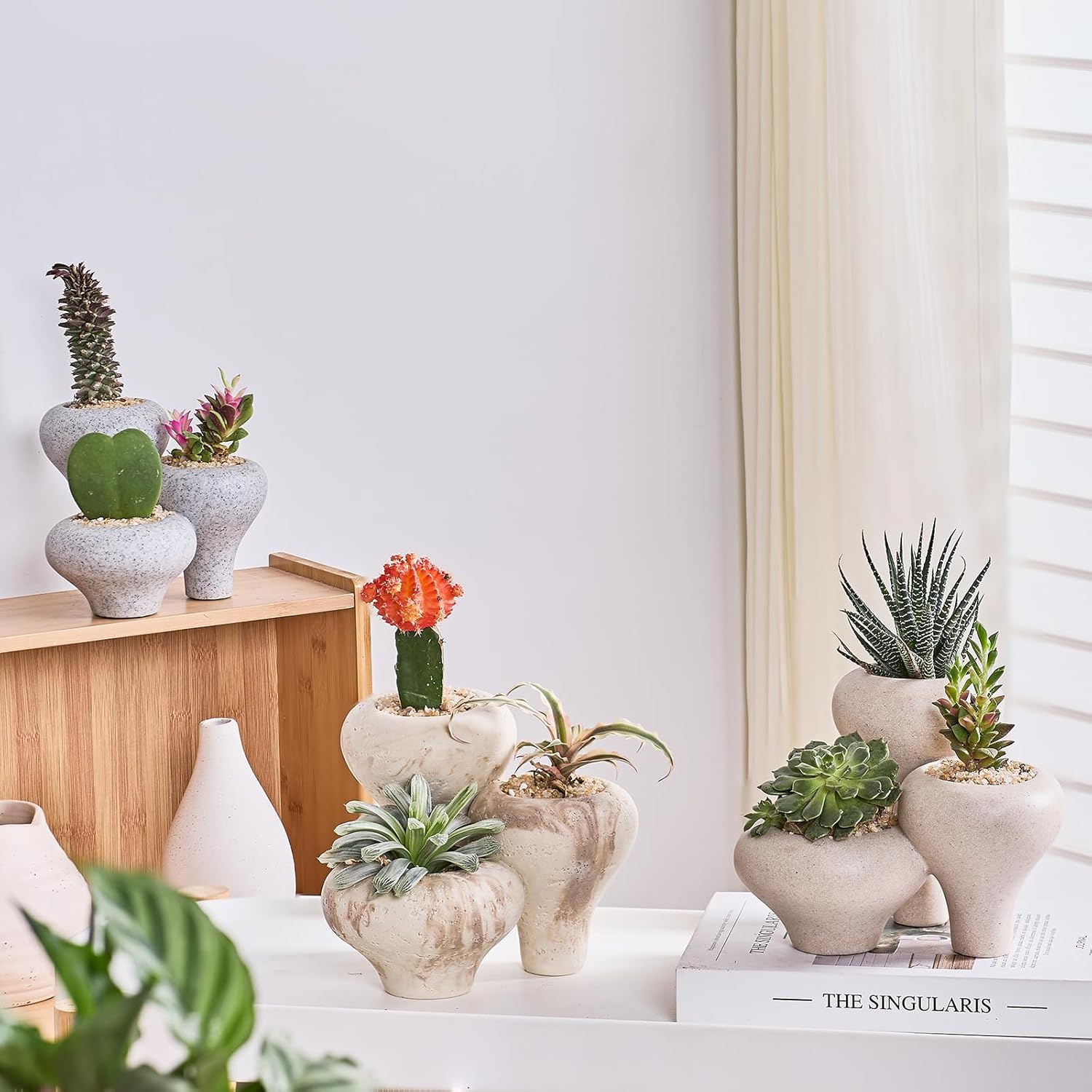 Beige Sandstone 3-In-1 Small Succulent Pots, Indoor Succulent Planters, Cute Cactus Bonsai Flowers Pots for Home Decor, Office, Garden Mini Cactus Plant Pot Modern Decorative, Gift