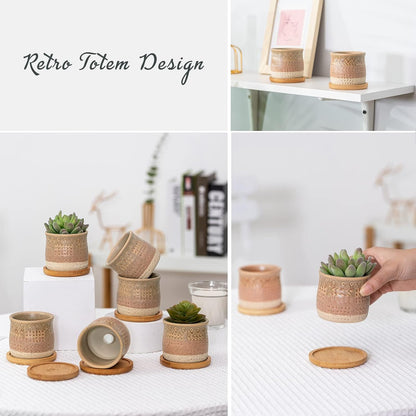 2.75 Inch Mini Ceramic Succulent Plant Pots, Retro Tiny Planter Pots with Saucer & Drainage Hole, for Cactus, Small Plants, Set of 6, Brown Beige