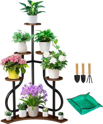 5-Tier Corner Plant Stand with L-Shaped Base, Aesthetic Metal Shelf for Indoor and Outdoor Plants, Rustic Brown MDF Holder for Patio and Balcony