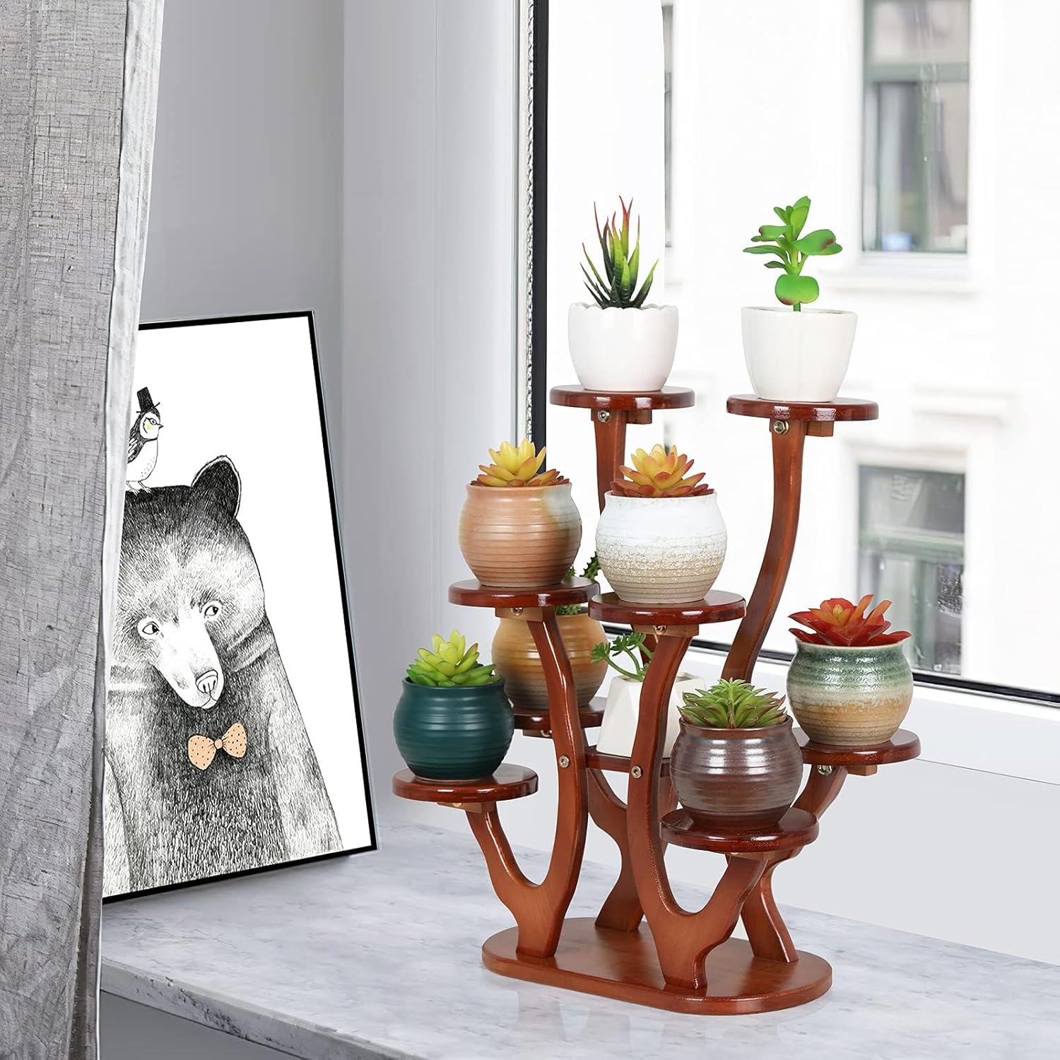 9 Tier Small Plant Stand Indoor for Windowsill,Tabletop Succulent Plant Shelf,Multi-Layers Succulent Plant Holder Bamboo Desktop Flower Pot Stand for Home Office Kitchen