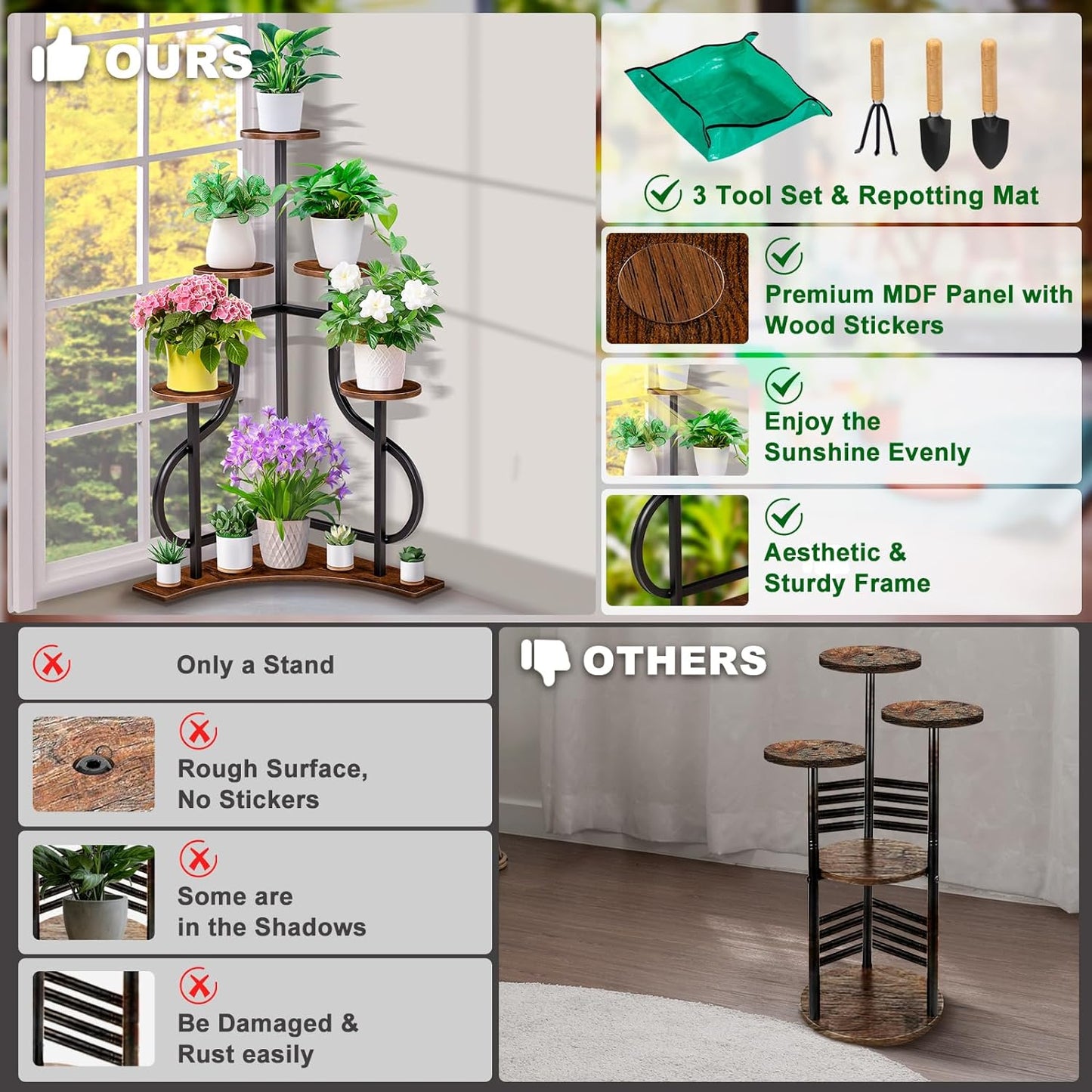 5-Tier Corner Plant Stand with L-Shaped Base, Aesthetic Metal Shelf for Indoor and Outdoor Plants, Rustic Brown MDF Holder for Patio and Balcony