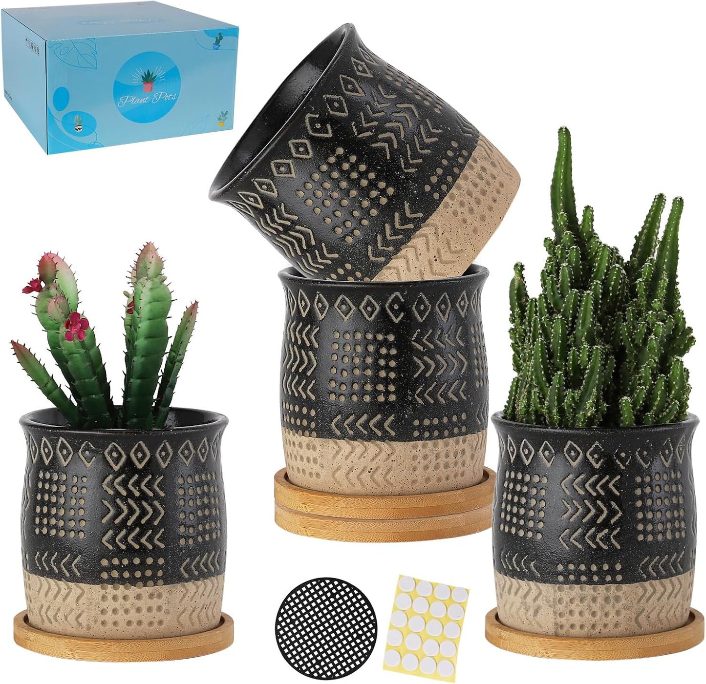 2.75 Inch Mini Ceramic Succulent Plant Pots, Black Indoor Small Planter, Retro Elements Planter Pots with Saucer & Drainage Hole, for Cactus, Small Plants, Set of 6 (Plant Not Included)