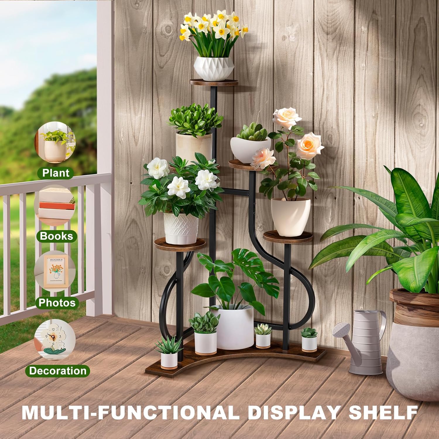 5-Tier Corner Plant Stand with L-Shaped Base, Aesthetic Metal Shelf for Indoor and Outdoor Plants, Rustic Brown MDF Holder for Patio and Balcony