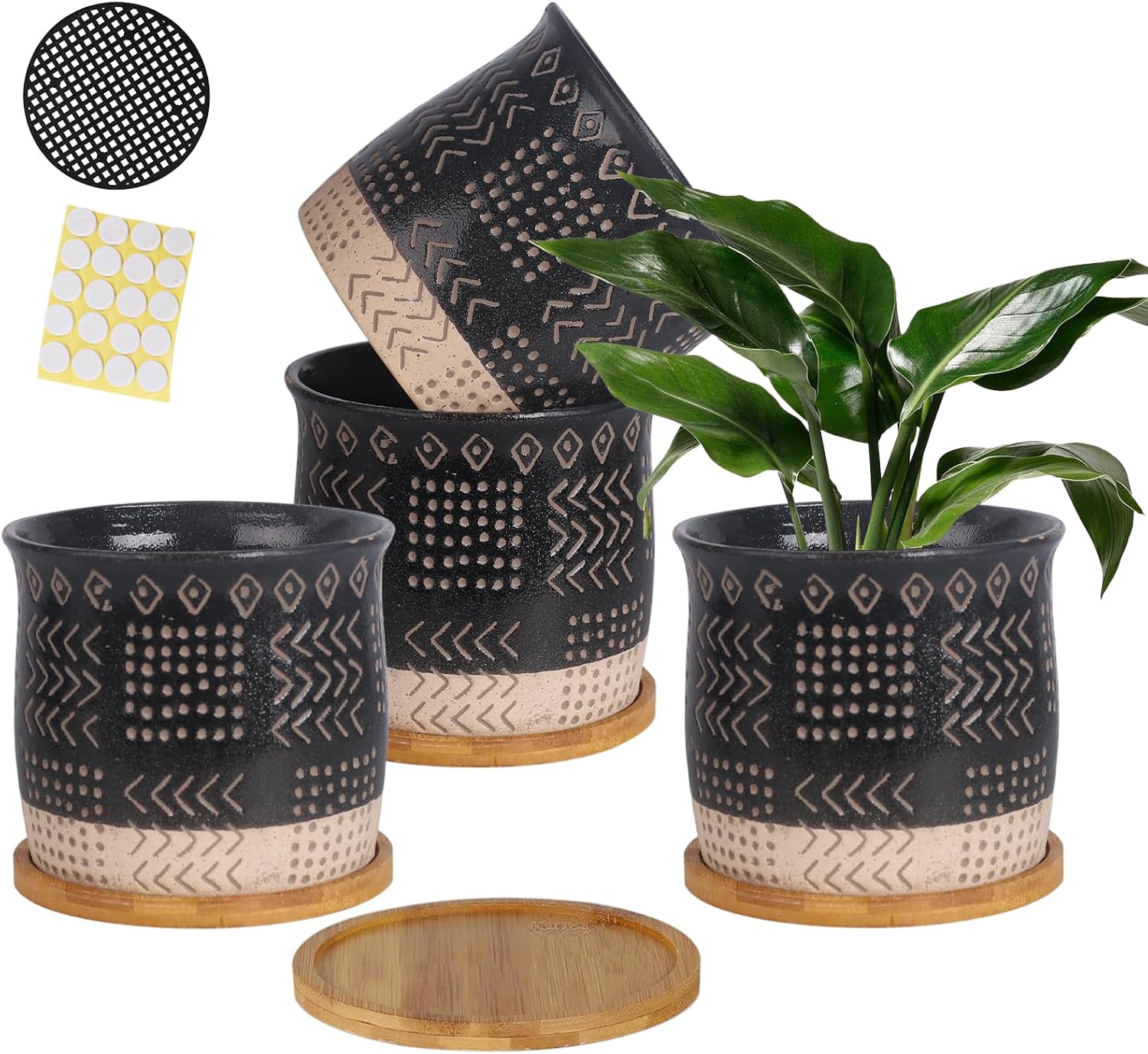 2.75 Inch Mini Ceramic Succulent Plant Pots, Black Indoor Small Planter, Retro Elements Planter Pots with Saucer & Drainage Hole, for Cactus, Small Plants, Set of 6 (Plant Not Included)