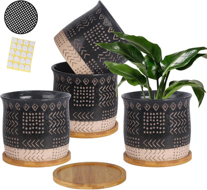 2.75 Inch Mini Ceramic Succulent Plant Pots, Black Indoor Small Planter, Retro Elements Planter Pots with Saucer & Drainage Hole, for Cactus, Small Plants, Set of 6 (Plant Not Included)