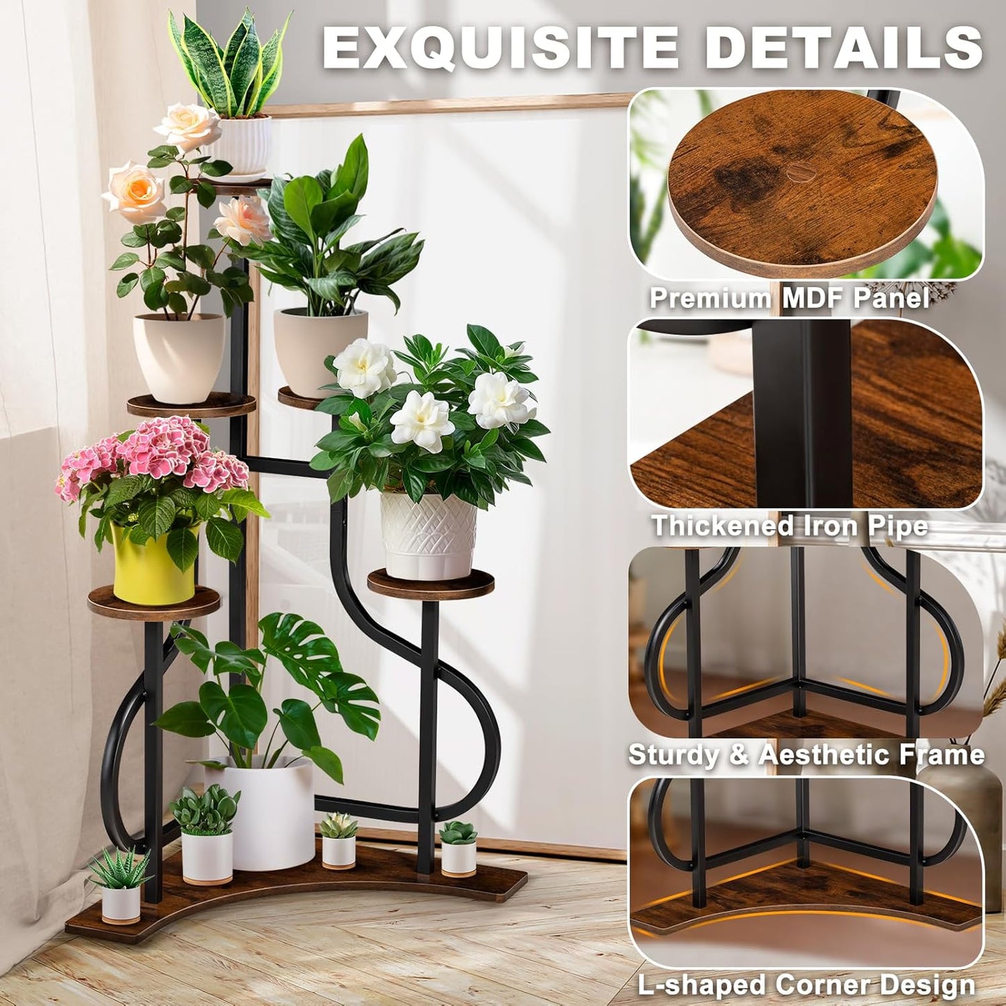 5-Tier Corner Plant Stand with L-Shaped Base, Aesthetic Metal Shelf for Indoor and Outdoor Plants, Rustic Brown MDF Holder for Patio and Balcony