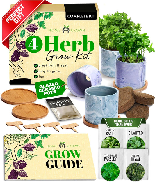 Indoor Herb Garden Kit W/Glazed Ceramic Pot - Easy-To-Grow Kitchen Window Gardening Starter Set - Unique Housewarming Gift for Women, Mom, Gardeners, Friend, Her, Mother