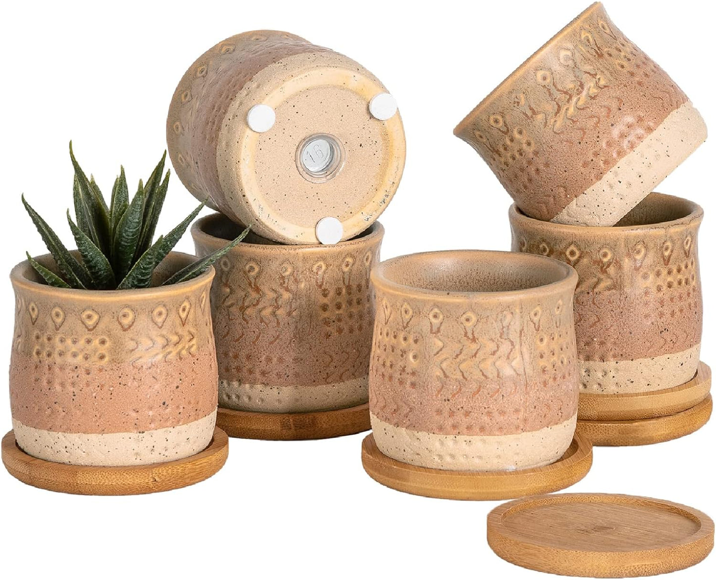 2.75 Inch Mini Ceramic Succulent Plant Pots, Retro Tiny Planter Pots with Saucer & Drainage Hole, for Cactus, Small Plants, Set of 6, Brown Beige