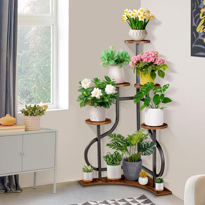 5-Tier Corner Plant Stand with L-Shaped Base, Aesthetic Metal Shelf for Indoor and Outdoor Plants, Rustic Brown MDF Holder for Patio and Balcony